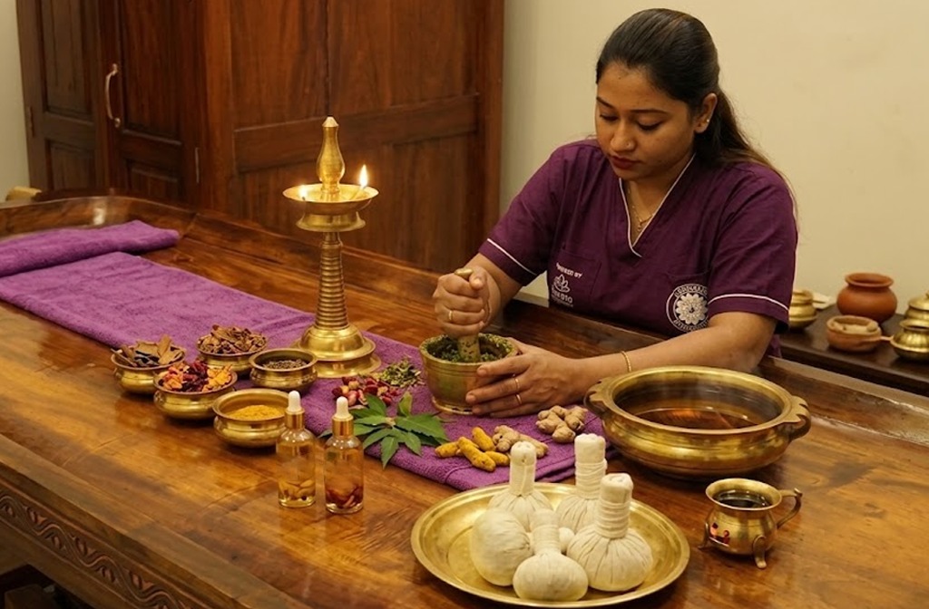 Ayurvedic oils, herbs and brass treatment equipment being prepared