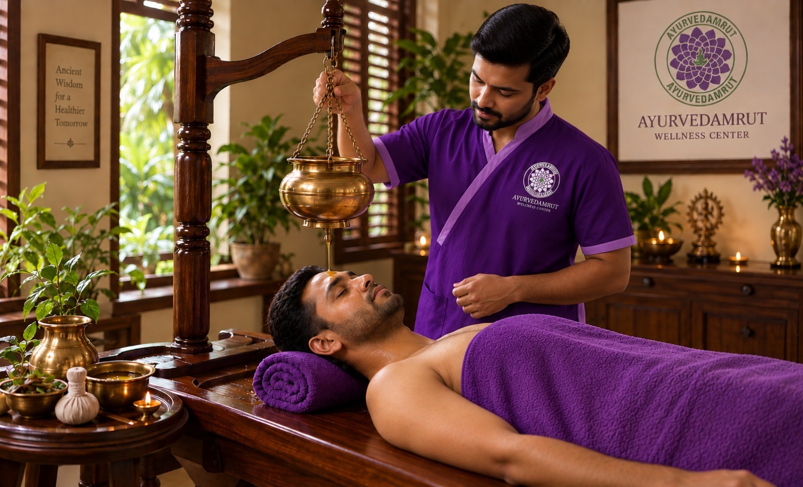 Male guest receiving a personalised Shirodhara therapy during a Panchakarma programme
