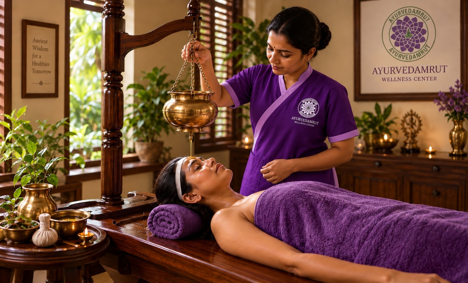 Female guest receiving a personalised Shirodhara therapy during a Panchakarma programme